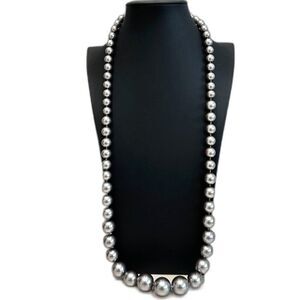 Long Silver Graduated Glass Pearl Hand Knotted Statement Necklace